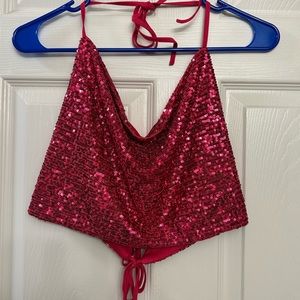 Pink glitter crop halter tank